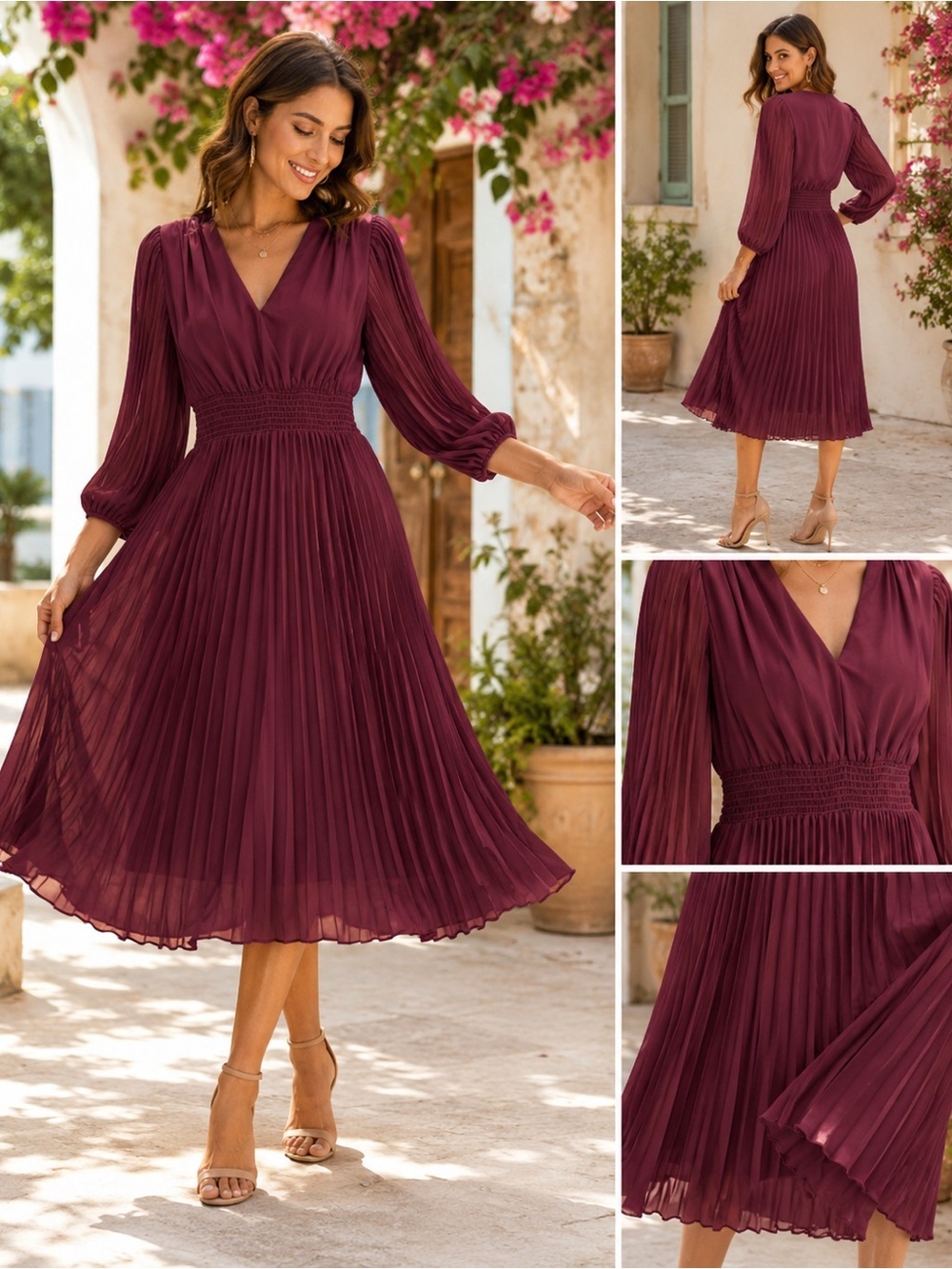 Taylor Burgundy Pleated Midi Dress Size 8 Long Sleeve V Neck Wedding Guest